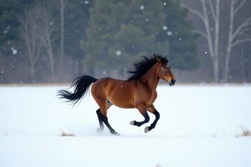 A horse runs fast across a snowy field, its mane flowing in the wind. Large snowflakes fall gently, and snow covers the trees in the background