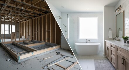Remodeling timeline comparison displaying transition from bare structural elements to fully furnished bathroom.