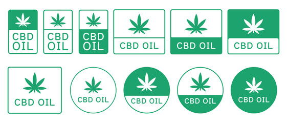 Set Of CBD Oil Icon Bagdes Vector Design. Cannabidiol Emblem Sign.