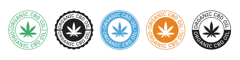Set Of CBD Oil Icon Bagdes Vector Design. Cannabidiol Emblem Sign.