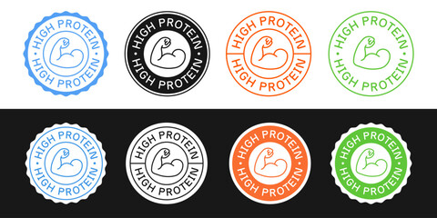 Set Of High Protein Label Signs Vector Design. Fitness Product Badge. Muscle Icon.