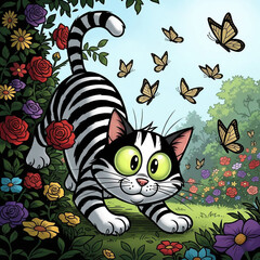 A playful striped cat crouches among colorful flowers as it curiously watches butterflies flying in the sunny garden.