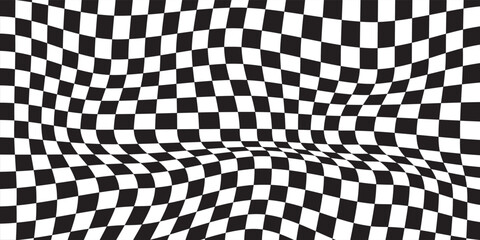 Distorted checkered pattern black and white background design - wavy effect illusion modern vector