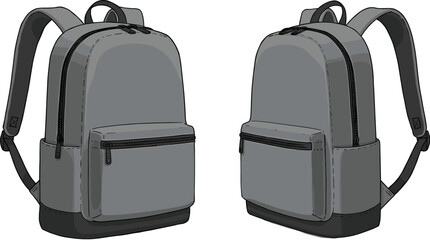 Minimalist gray backpack with front and side pockets, shown from multiple angles, modern school bag design, isolated on white background