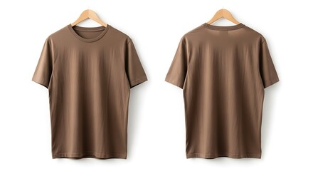 Brown T-shirt Mockup Hanging on Wooden Hanger, Front and Back View