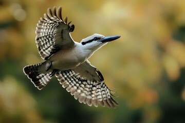 Kookaburra soars gracefully with outstretched wings against a blurred foliage background, revealing feathered details