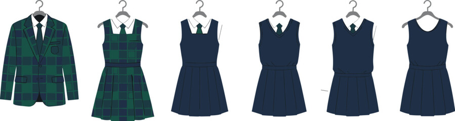 PrintCollection of formal school uniforms for girls and boys, green and navy styles, displayed on hangers, education fashion design template