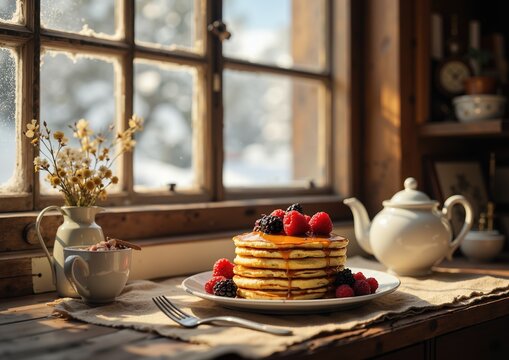 Cozy winter brunch with pancakes and fresh berries by a rustic window setting