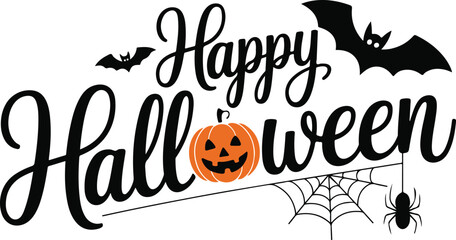 Happy Halloween greeting card design; black script lettering, orange pumpkin, bats, spiderweb.
