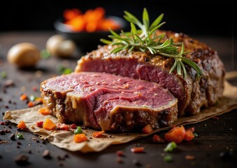 Gourmet herb-crusted prime rib with rosemary garnish for elegant dinner parties