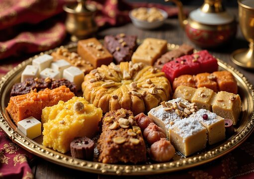 Celebration of indian sweets feast: assorted traditional mithai platter for festive occasions