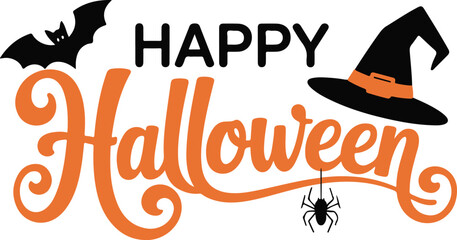 Happy Halloween: Festive Orange Script with Witch Hat, Bat, and Spider
