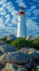 Isolated white lighthouse with red top stands tall against a bright blue sky with light clouds