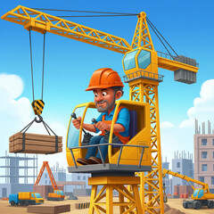 A smiling man operates a tall yellow crane, moving wooden planks on a busy construction site filled with vehicles.