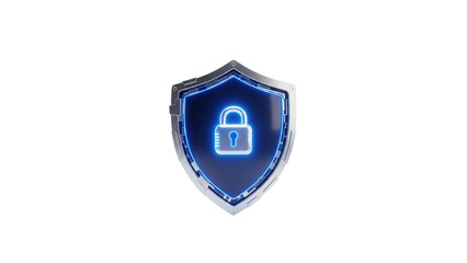 Futuristic cyber security shield with glowing blue padlock on a dark background