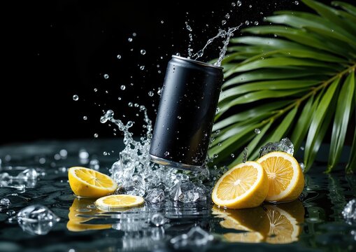 Refreshing summer beverage splash with lemon slices and tropical vibes for drink advertisement or social media design