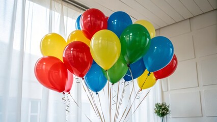 A bunch of colorful helium balloons in red, yellow, green, and blue floating indoors near a window with white curtains.