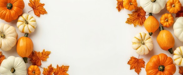 Fototapeta premium The vibrant collection of pumpkins and autumn leaves on a white background.