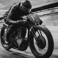 Naklejka premium Vintage motorcycle racer in full leather gear speeding on a track with motion blur in dramatic black and white