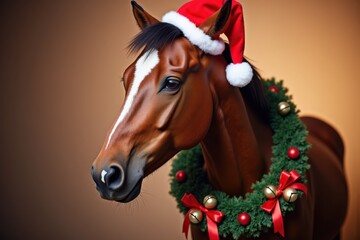 A festive horse portrait shows it wearing a red Santa hat and a wreath with jingling bells and red ribbons around its neck. The background is soft and warm