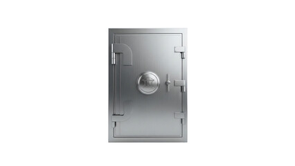 Heavy silver bank vault door against a stark black background representing security