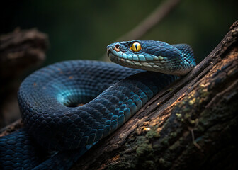 Fototapeta premium Striking close up of a venomous blue snake perched on a textured wooden branch