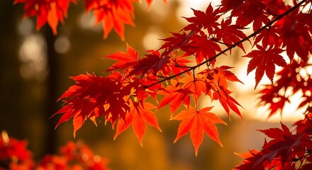 Close-up of vibrant red maple leaves in autumn sunlight