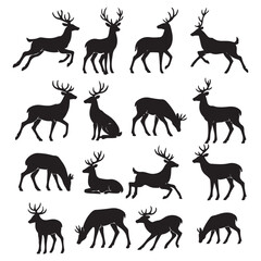 Fototapeta premium Set of 16 black deer silhouette illustrations in various poses including running, jumping, standing, eating, and resting on a white background.
