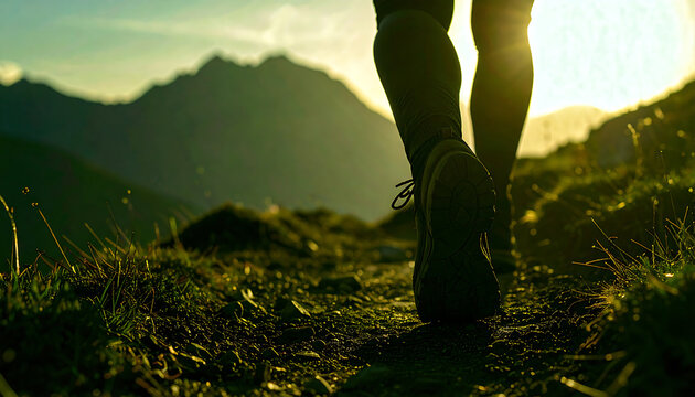 Journey into the Mountains: Captured from a low angle, a hiker's legs stride confidently along a mountain trail, leading the eye towards a distant peak bathed in the golden glow of sunrise.