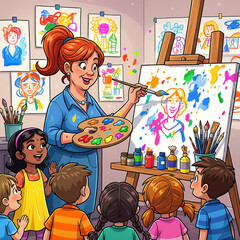 Colors splash across the canvas as smiles brighten the room, surrounded by creative energy.