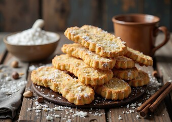 Rustic winter cookies with powdered sugar and spices in cozy kitchen setting