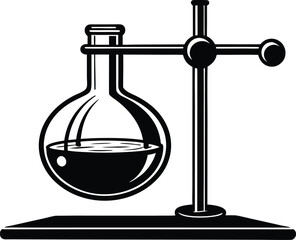 A laboratory flask on a stand isolated on white background, representing scientific experiments