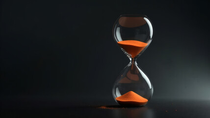 Transparent Orange Glass Hourglass Close-Up on Black Surface Representing Time Concept