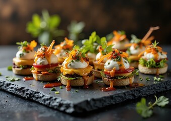 Gourmet canapes with fresh ingredients on slate for upscale culinary events and catering inspirations