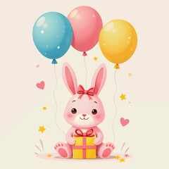 Playful Bunny with Balloons and Gift Box