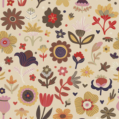 Whimsical seamless floral pattern. Colorful stylized flowers on soft background. Hand-drawn botanical doodles in vector style. Vector illustration.