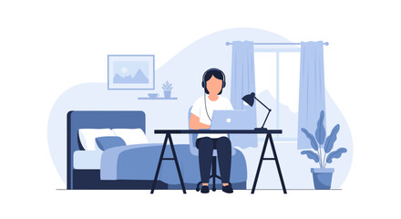 A young person is working remotely from their bedroom, using a laptop on a desk near the bed and window, in a modern, minimalist, vector illustration.