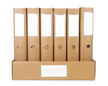 Five file folders in a cardboard box isolated with transparent background