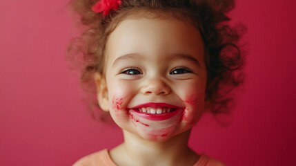 Happy CurlyHaired Toddler with Red Lipstick Smudged on Face Against Pink Backdrop