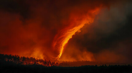 A mesmerizing fire tornado emerges from a fierce forest wildfire, twisting and spinning amidst the blazing inferno. The sight captures nature's fury as flames rage through the trees