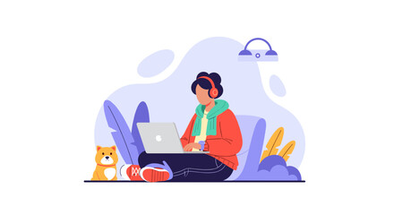 A modern flat illustration depicts a relaxed individual wearing headphones, focused on a laptop while sitting comfortably with a small dog nearby.