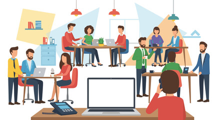 Diverse team collaborating and working on projects in a bright, modern open-plan office space, fostering productivity and teamwork.