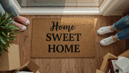 Couple standing at the entrance of new home with moving boxes and doormat saying home sweet home