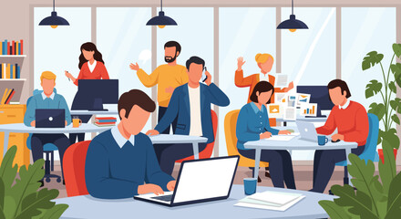 A vibrant illustration showcases a modern office environment, with diverse professionals collaborating on laptops, fostering teamwork and innovation within a bright, airy space.