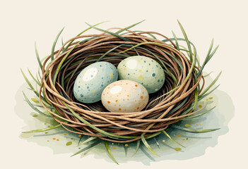 Obraz premium Serene Bird's Nest with Speckled Eggs in Lush Green Grass