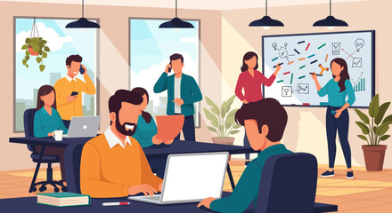 A diverse group of business professionals collaborates in a modern office, brainstorming ideas on a whiteboard and using laptops, creating a vibrant and productive atmosphere.