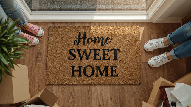 Couple standing at the entrance of new home with moving boxes and doormat saying home sweet home
