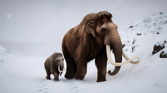 Young woolly mammoth following adult through snowy prehistoric trail
