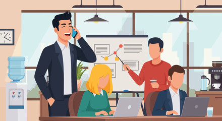 A diverse team of professionals collaborates effectively in a modern, brightly lit office space, engaging in discussions and individual tasks.