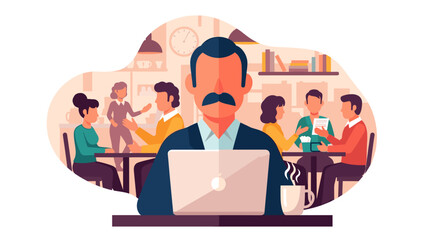 A man works on his laptop during a busy office meeting, showcasing teamwork and collaboration in a modern workspace, highlighting the balance between individual tasks and team interaction.